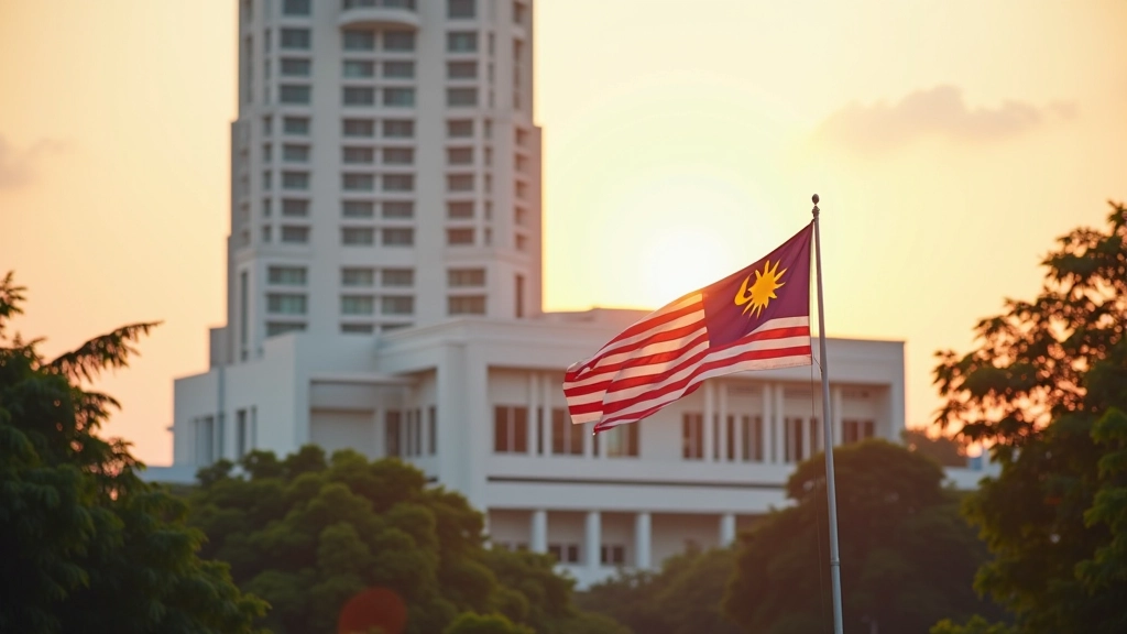 Malaysian government administration building at sunset with flag, modern architecture, symbolic of national governance and fiscal policy