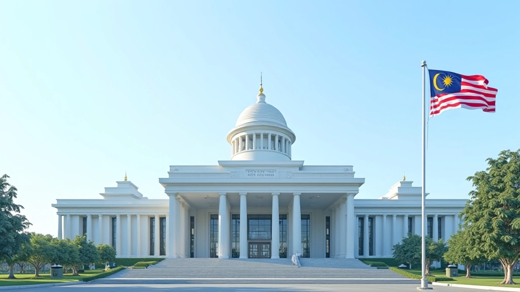Government treasury building with Malaysian flag, modern architecture symbolizing fiscal management and national finance