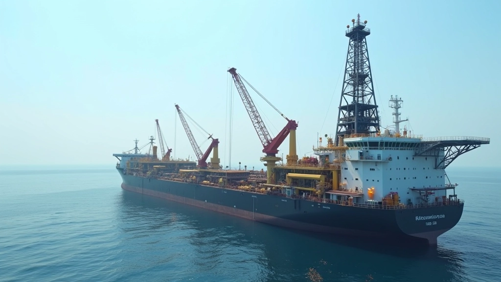 Modern oil and gas extraction facility with industrial infrastructure, offshore platform visible in background, blue ocean and clear sky