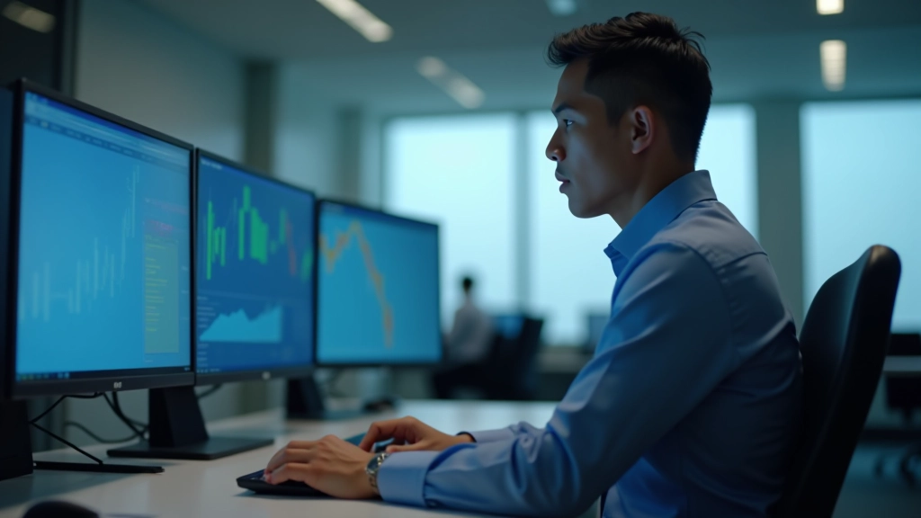 Financial analyst reviewing budget spreadsheets and economic charts on large monitor, modern office environment